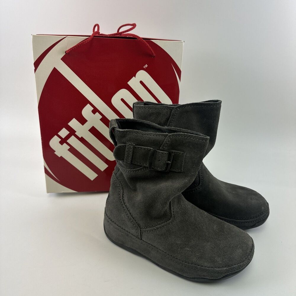 FitFlop Superboot Short Smoke Gray Suede Pull On Buckle‎ Comfort Toning Womens 7